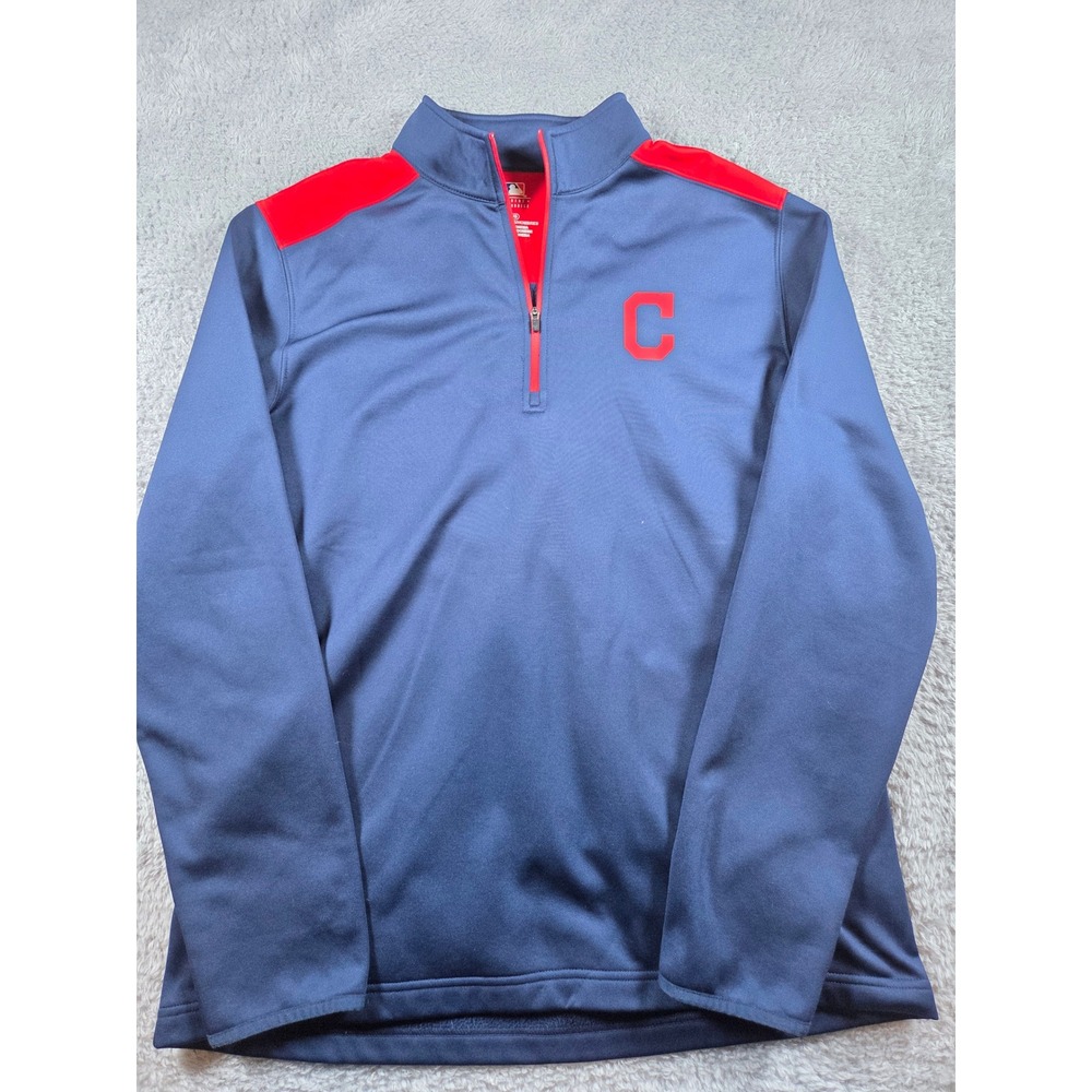 MLB Cleveland Indians Quarter Zip Pullover Large Navy Blue Mens Fleece Lined